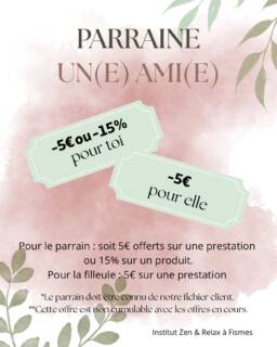 Envie de faire découvrir votre institut préféré à vos proches ?💝Avec notre offre parrainage, faites plaisir tout en vous faisant plaisir :
✨ Pour vous : -5€ sur une prestation ou -15% sur un produit
✨ Pour votre filleul(e) : -5€ sur une prestationParce que le bien-être, c’est encore mieux quand il se partage 🫶🏻⚠️Offre non cumulable avec les offres en cours / le parrain doit déjà faire parti de notre fichier client
📍Offre valable dans votre institut Zen & Relax à Fismes#parrainage #institutdebeauté #bienêtre #zenetrelax #momentpoirsoi