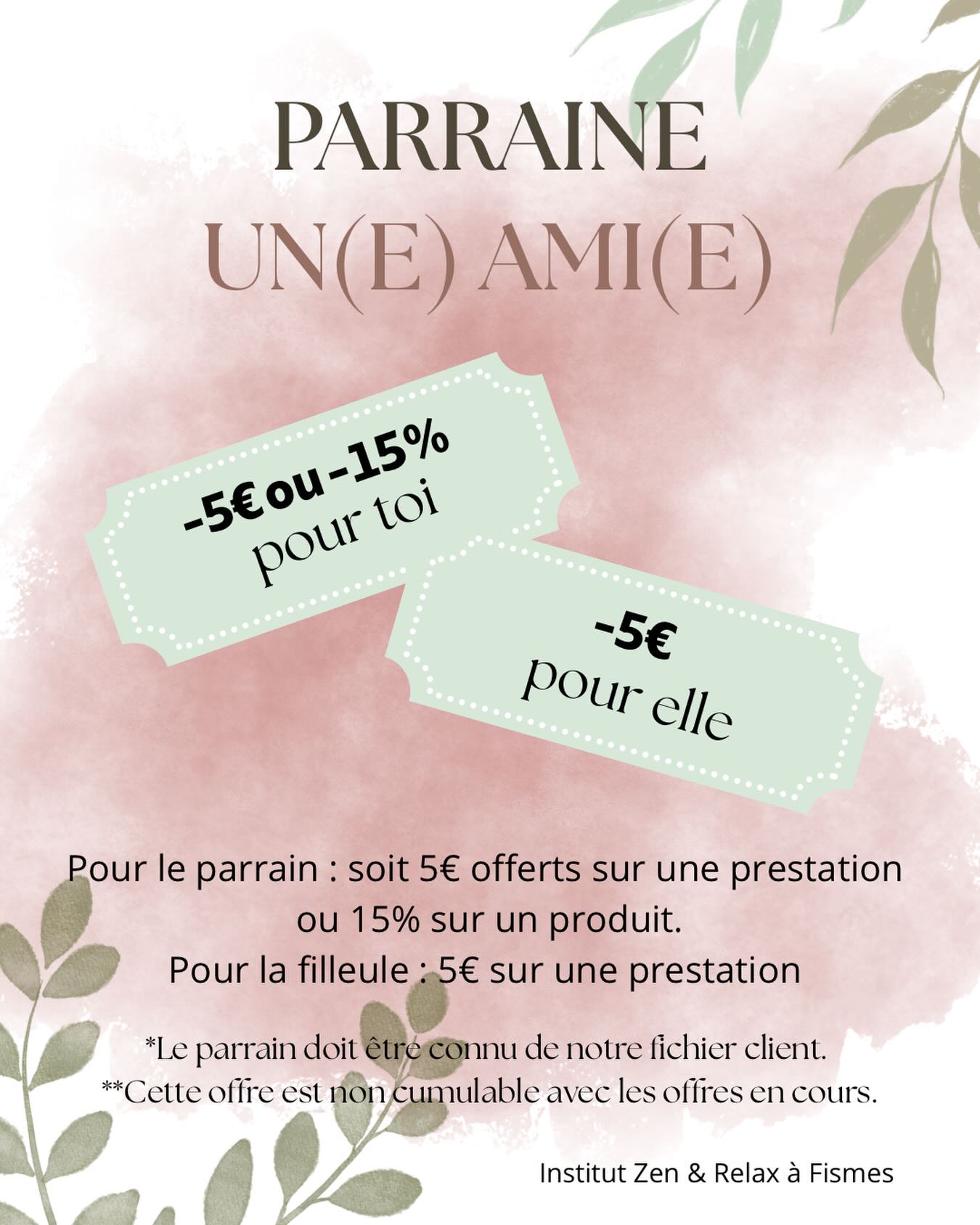 Envie de faire découvrir votre institut préféré à vos proches ?💝Avec notre offre parrainage, faites plaisir tout en vous faisant plaisir :
✨ Pour vous : -5€ sur une prestation ou -15% sur un produit
✨ Pour votre filleul(e) : -5€ sur une prestationParce que le bien-être, c’est encore mieux quand il se partage 🫶🏻⚠️Offre non cumulable avec les offres en cours / le parrain doit déjà faire parti de notre fichier client
📍Offre valable dans votre institut Zen & Relax à Fismes#parrainage #institutdebeauté #bienêtre #zenetrelax #momentpoirsoi